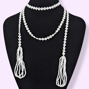 (2/$20) V. White Beaded Daisy Chain Lariat Necklace